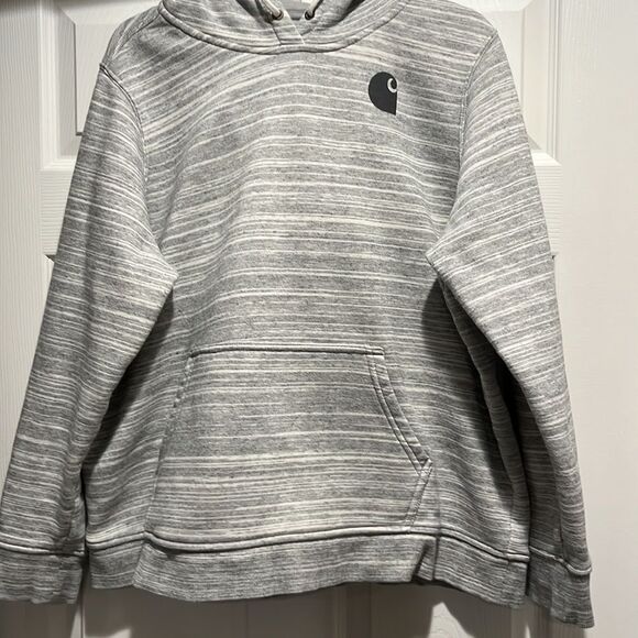 Carhartt Clarksburg Logo Sleeved Heather Gray Hooded Sweatshirt size 20. - Picture 3 of 6